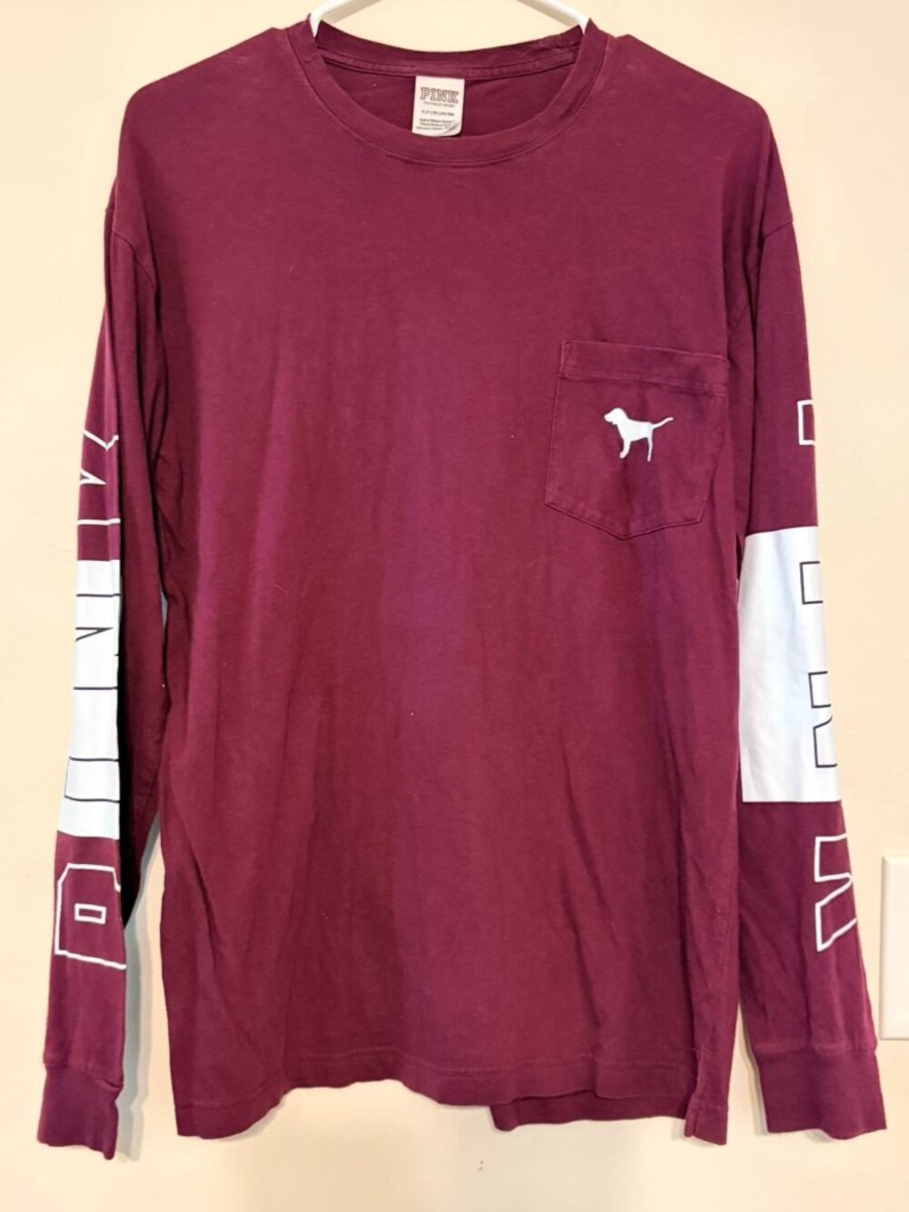 VS PINK Victoria's Secret Maroon Logo Long Sleeve T-Shirt Size Small